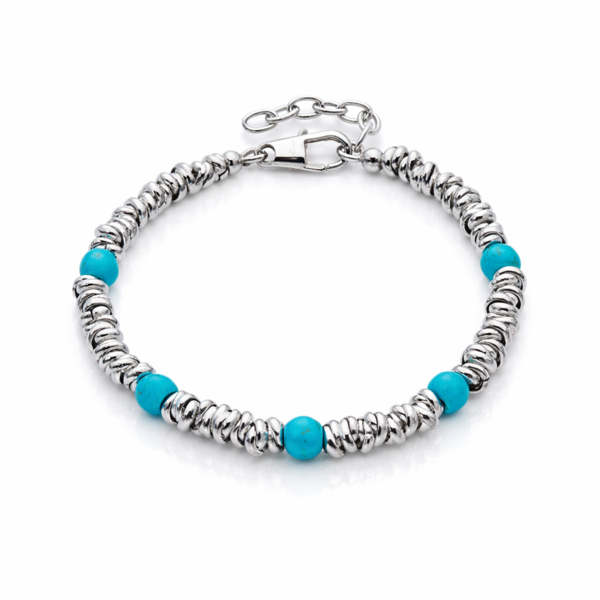 Stainless steel bracelet with turquoise beads and adjustable chain extension