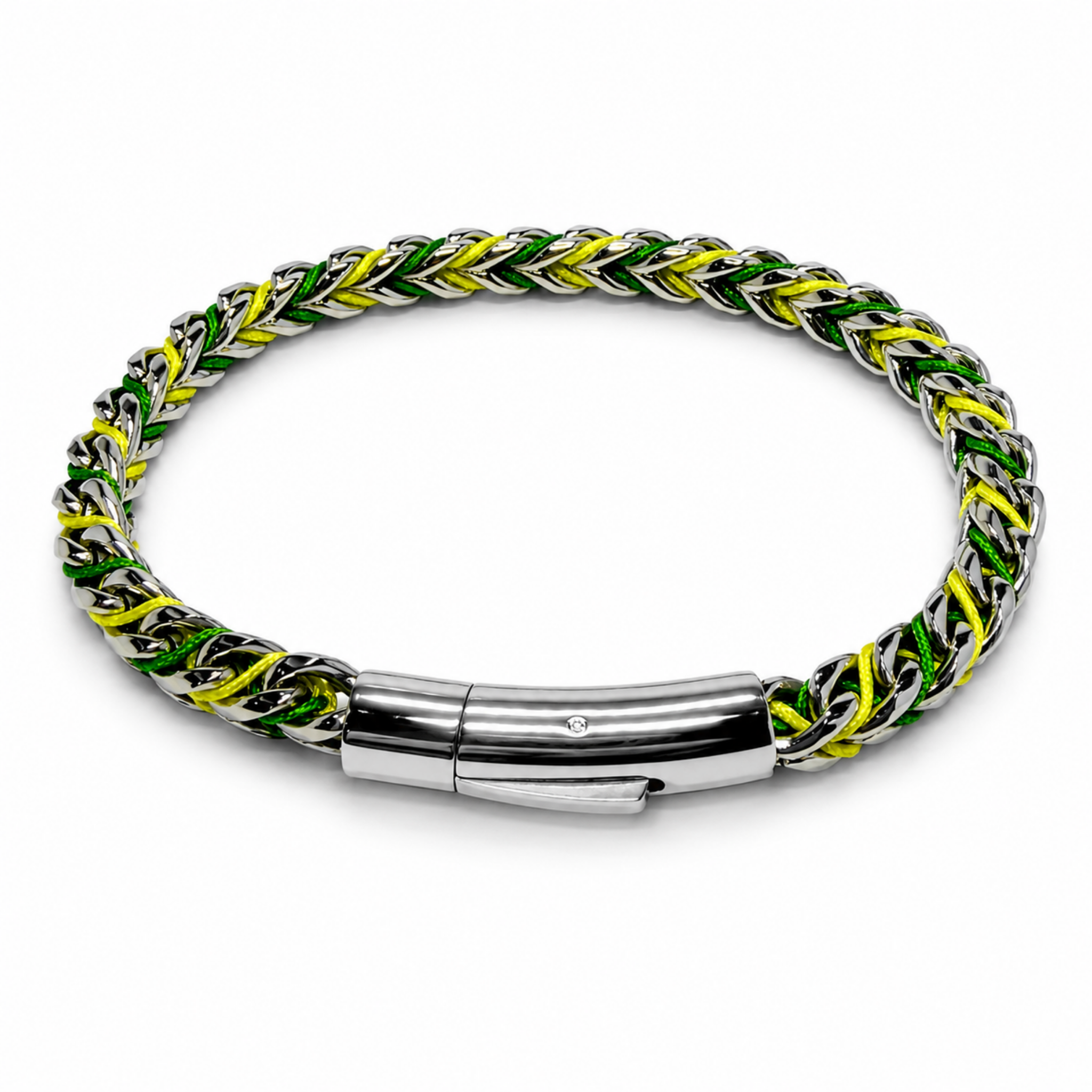 Stainless steel chain bracelet with yellow and green woven cord and a secure magnetic slide clasp on a white background.