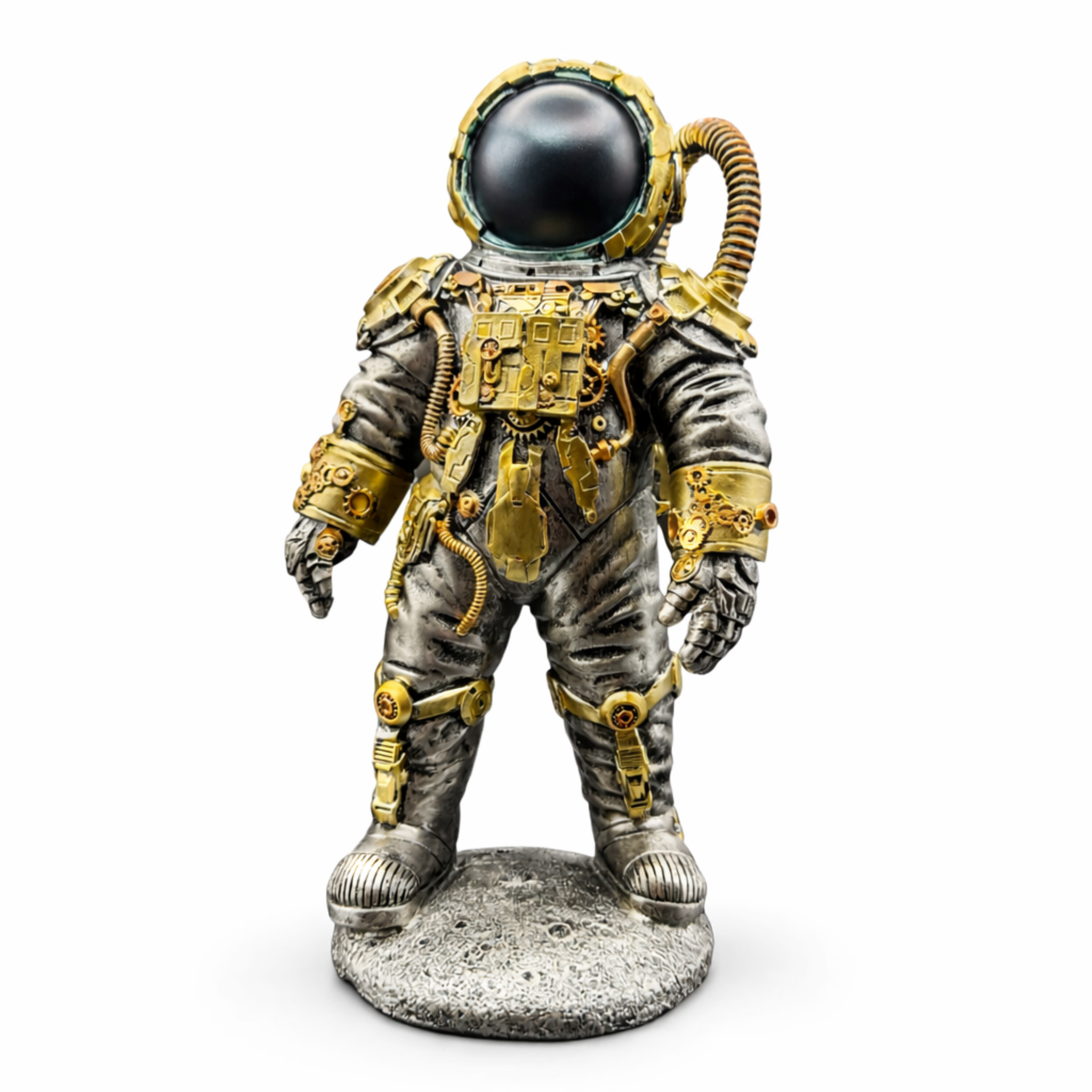 Front view of metallic steampunk astronaut figurine with brass effect detailing and lunar style base