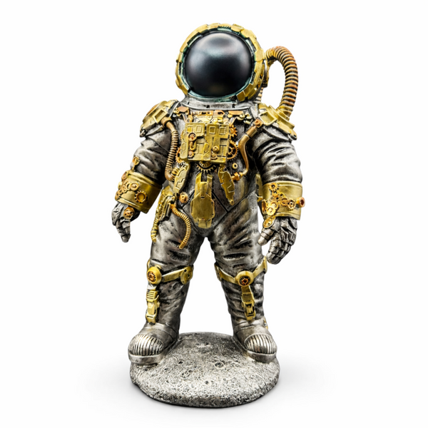 Front view of metallic steampunk astronaut figurine with brass effect detailing and lunar style base