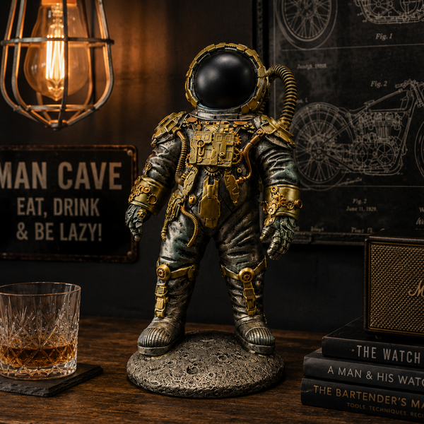 Steampunk astronaut figurine displayed in an industrial man cave setting with whisky glass, vintage lighting and retro décor