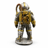 Rear view of steampunk astronaut figurine showing mechanical backpack detail and industrial pipework design