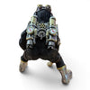 Rear view of steampunk monkey ornament showing detailed brass style jetpack and boots