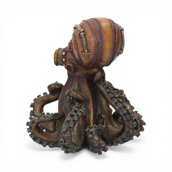 Steampunk octopus sculpture 15cm bronze effect resin rear angle showing mechanical helmet and detailed tentacles