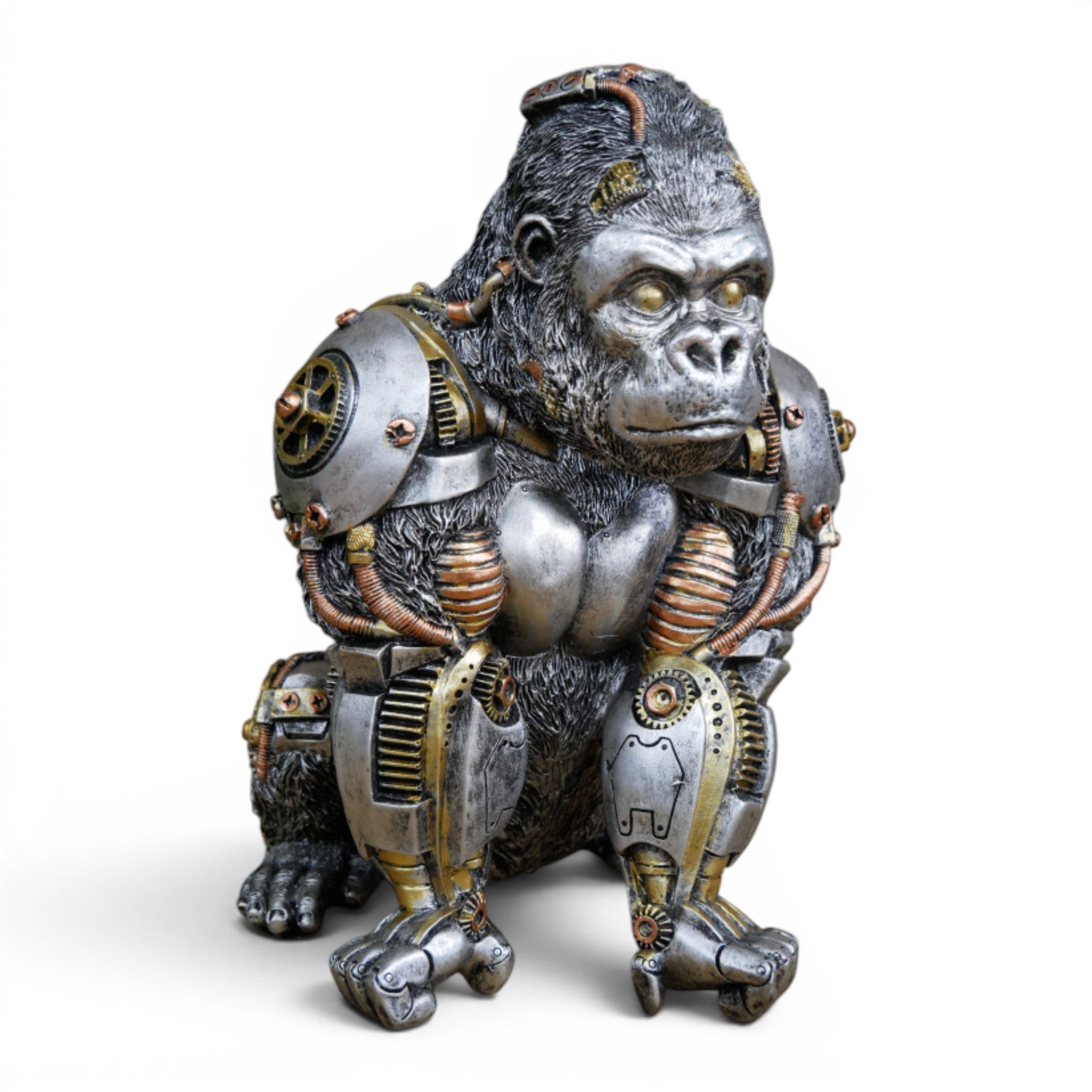 Front view of silver steampunk gorilla ornament with mechanical detailing
