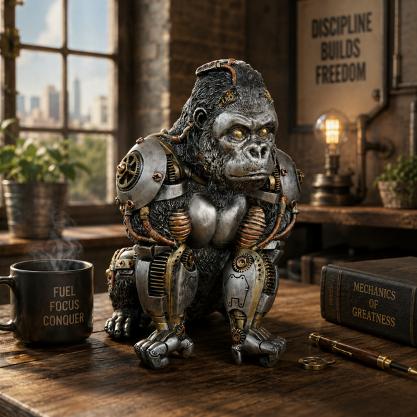 Steampunk silver gorilla ornament displayed in an industrial style man cave setting