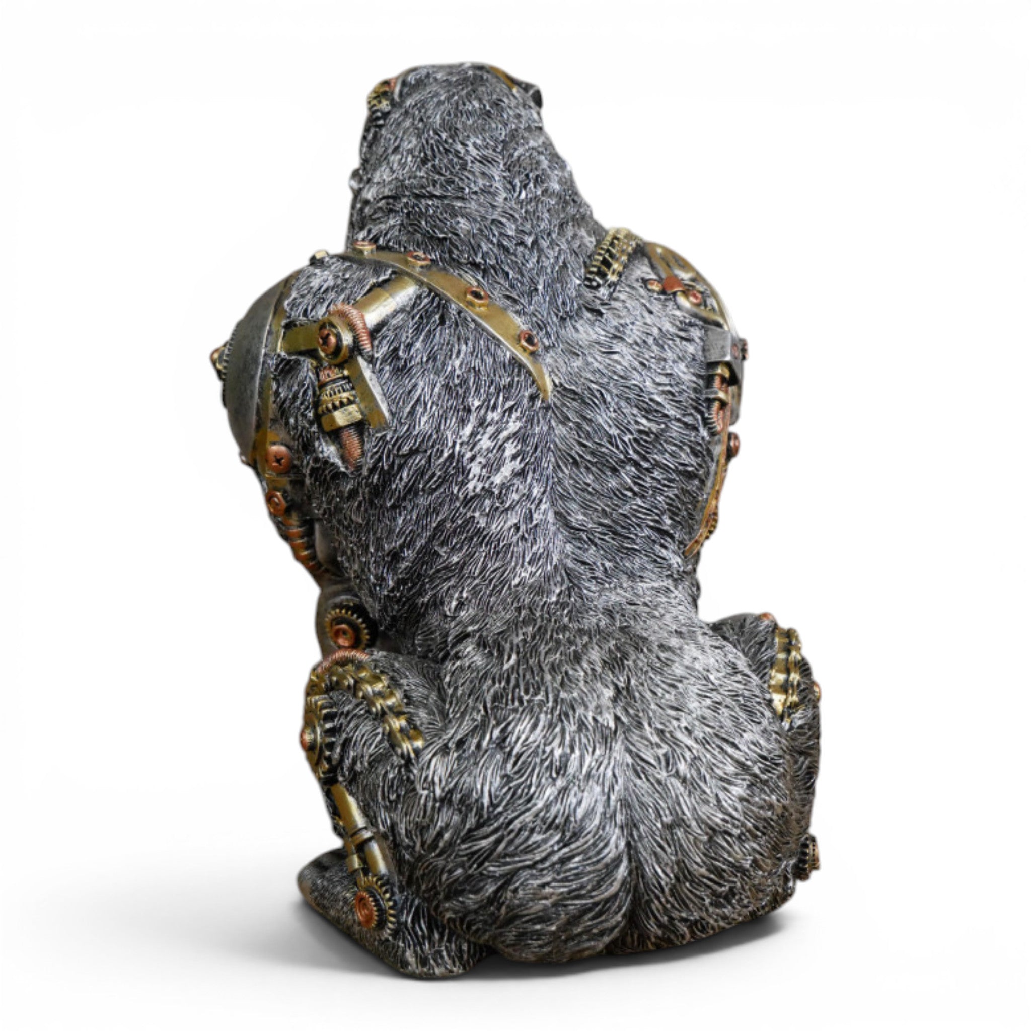 Rear view of silver steampunk gorilla ornament showing industrial pipework and armour detailing