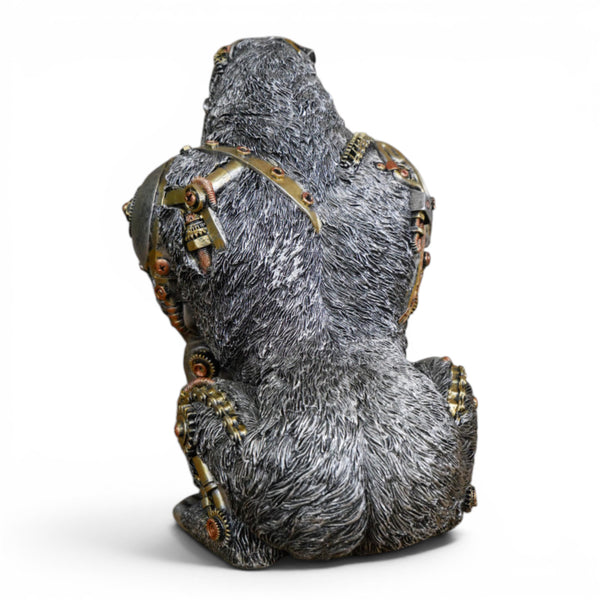 Rear view of silver steampunk gorilla ornament showing industrial pipework and armour detailing