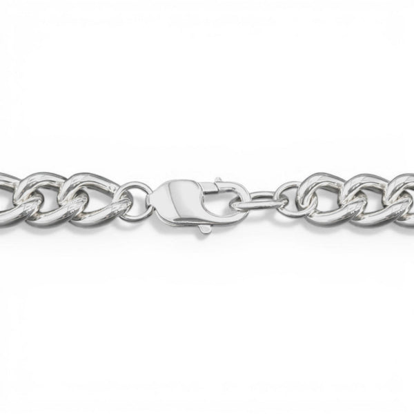 Sterling silver curb chain bracelet with clasp detail on a white background