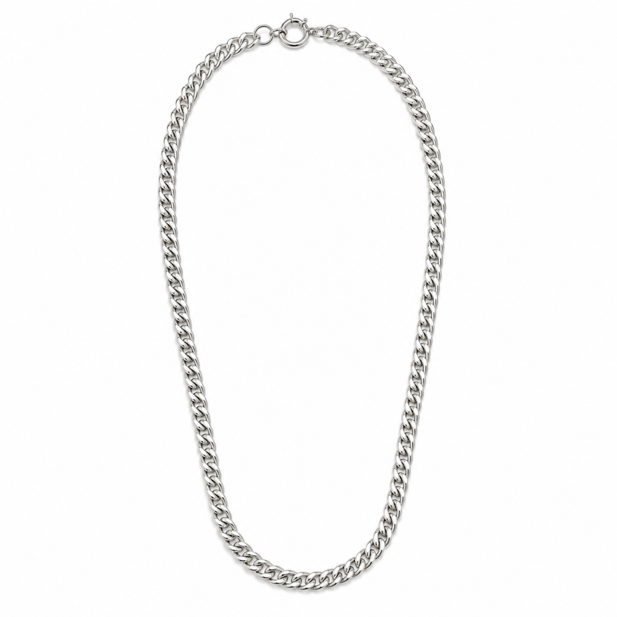 Solid sterling silver 7.3mm Cuban chain necklace measuring 23 inches with polished finish and secure clasp