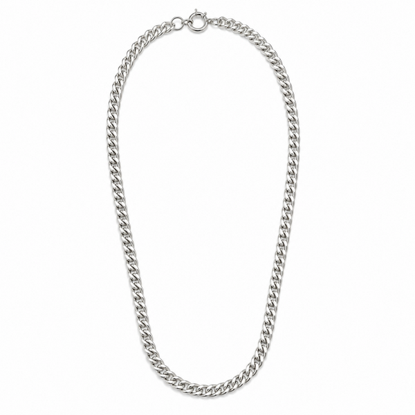 Solid sterling silver 7.3mm Cuban chain necklace measuring 23 inches with polished finish and secure clasp