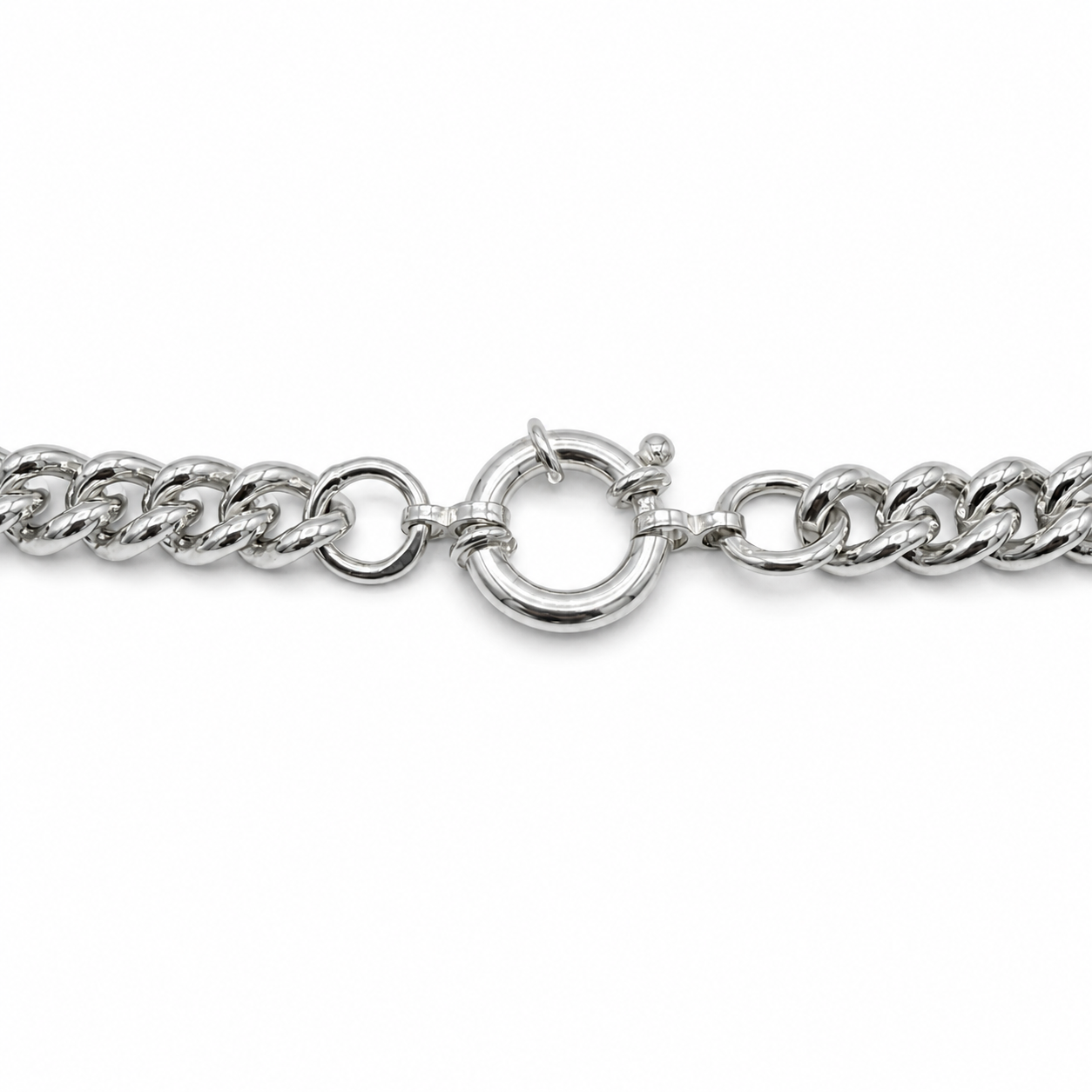 Close up detail of the spring ring clasp on a 23 inch sterling silver 7.3mm Cuban chain necklace with polished finish.