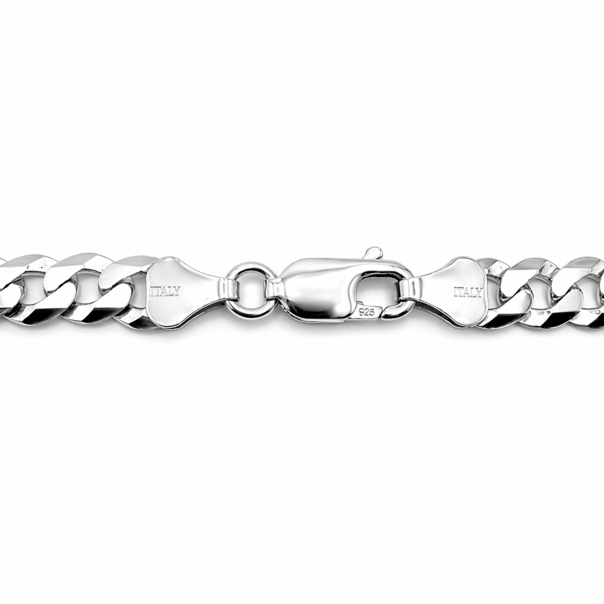 Sterling silver curb chain necklace clasp and link detail with rhodium finish