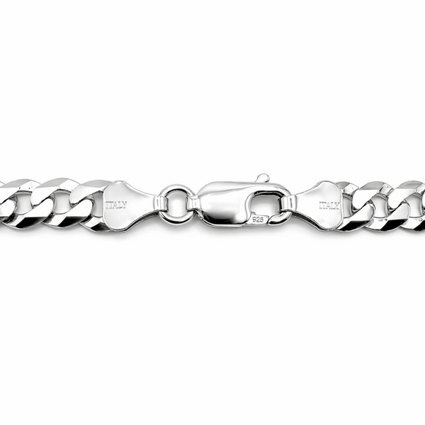 Sterling silver curb chain necklace clasp and link detail with rhodium finish