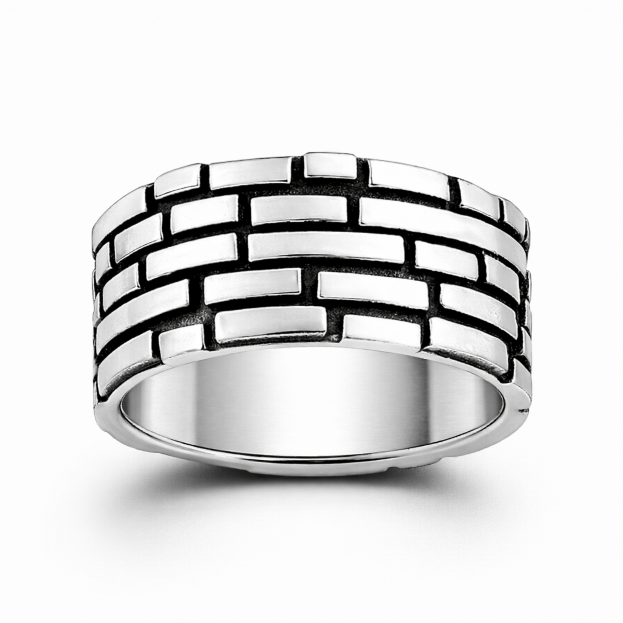 Sterling silver brick pattern ring with oxidised detail on a clean white background