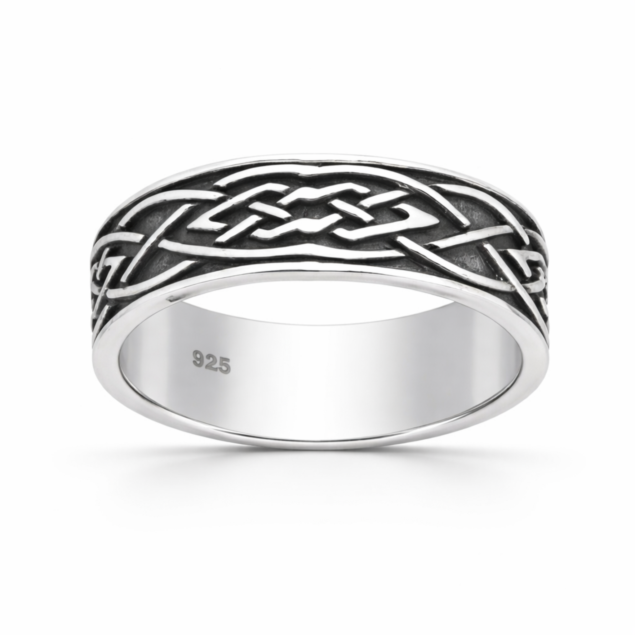 Sterling silver Celtic knot band ring with oxidised detail on a clean white background