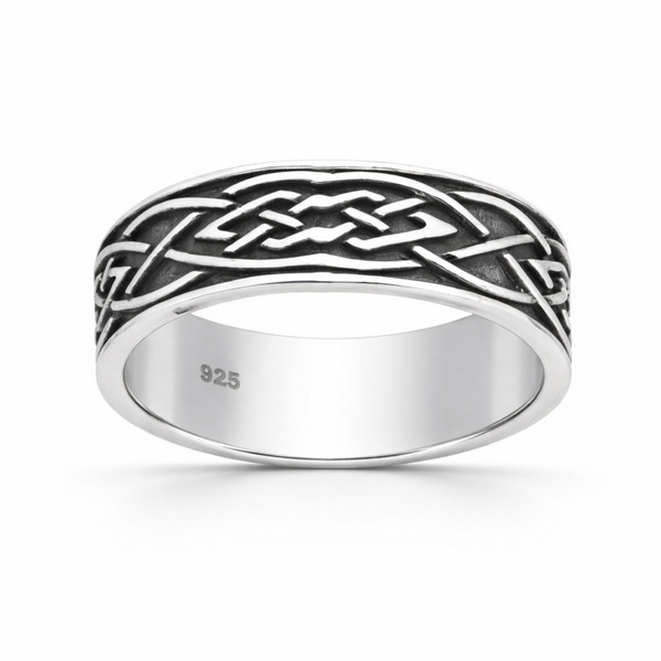 Sterling silver Celtic knot band ring with oxidised detail on a clean white background