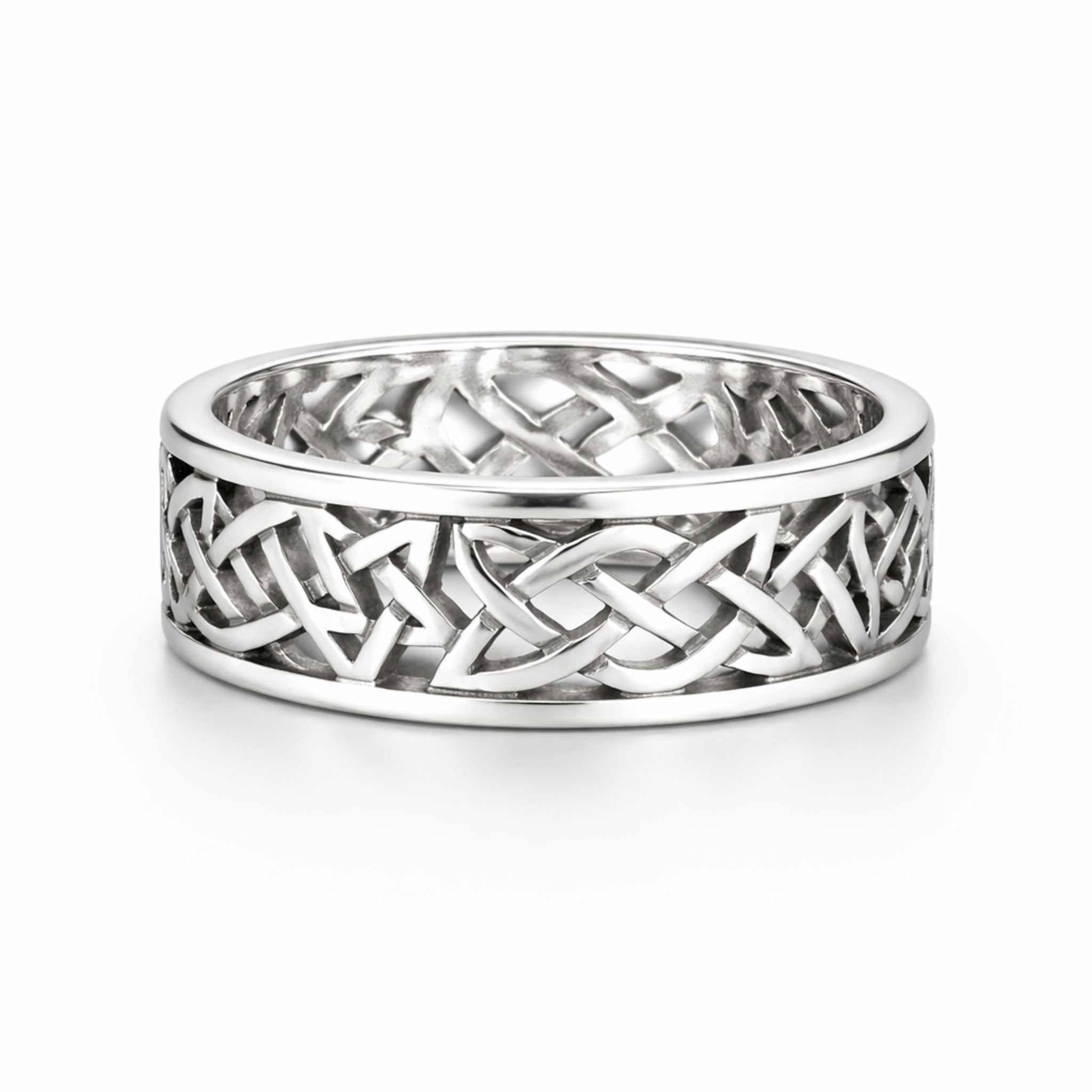 Sterling silver Celtic knot ring with openwork woven design on a clean white background