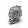 Sterling silver skull pendant encrusted with cubic zirconia on a white background
