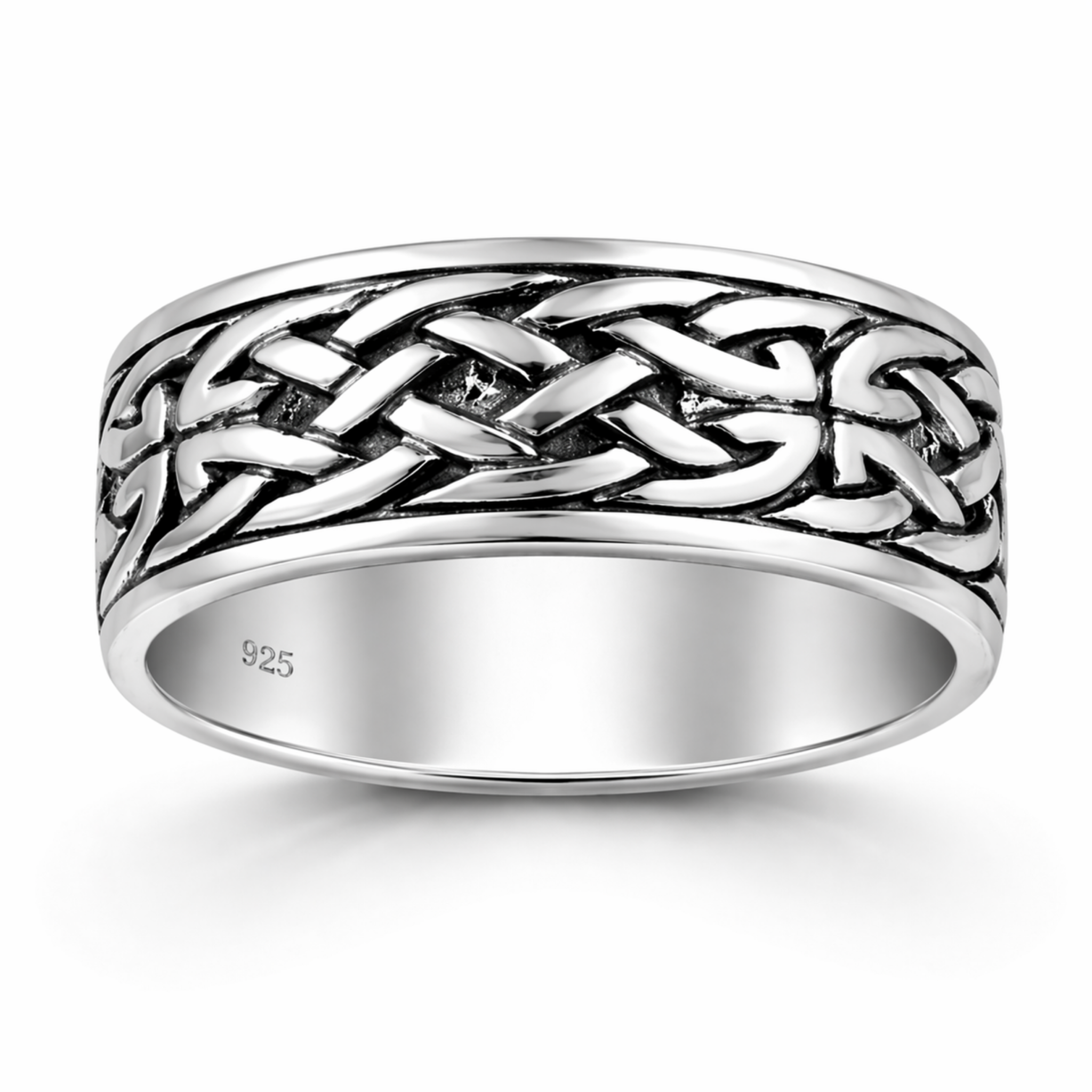 Sterling silver oxidised Celtic band ring with detailed knot pattern on a clean white background