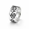 sterling silver tribal scroll ring with oxidised detailing on white background