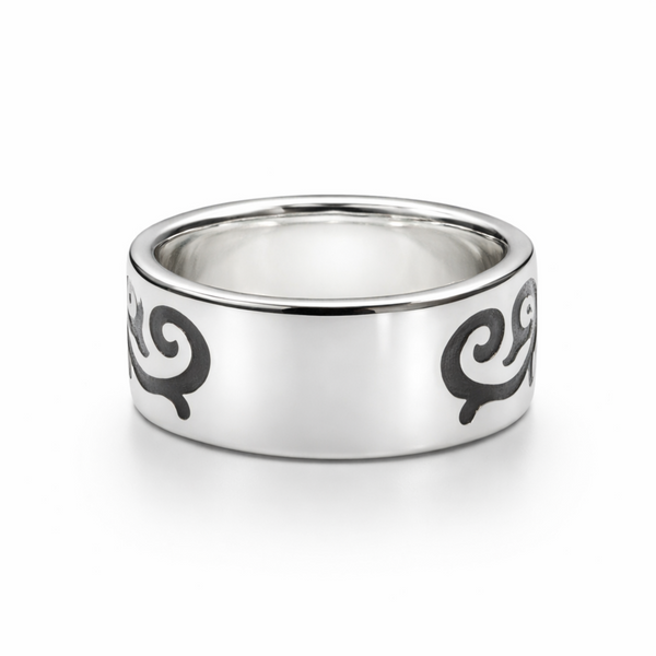 terling silver tribal scroll ring showing inner band and smooth polished interior on white background