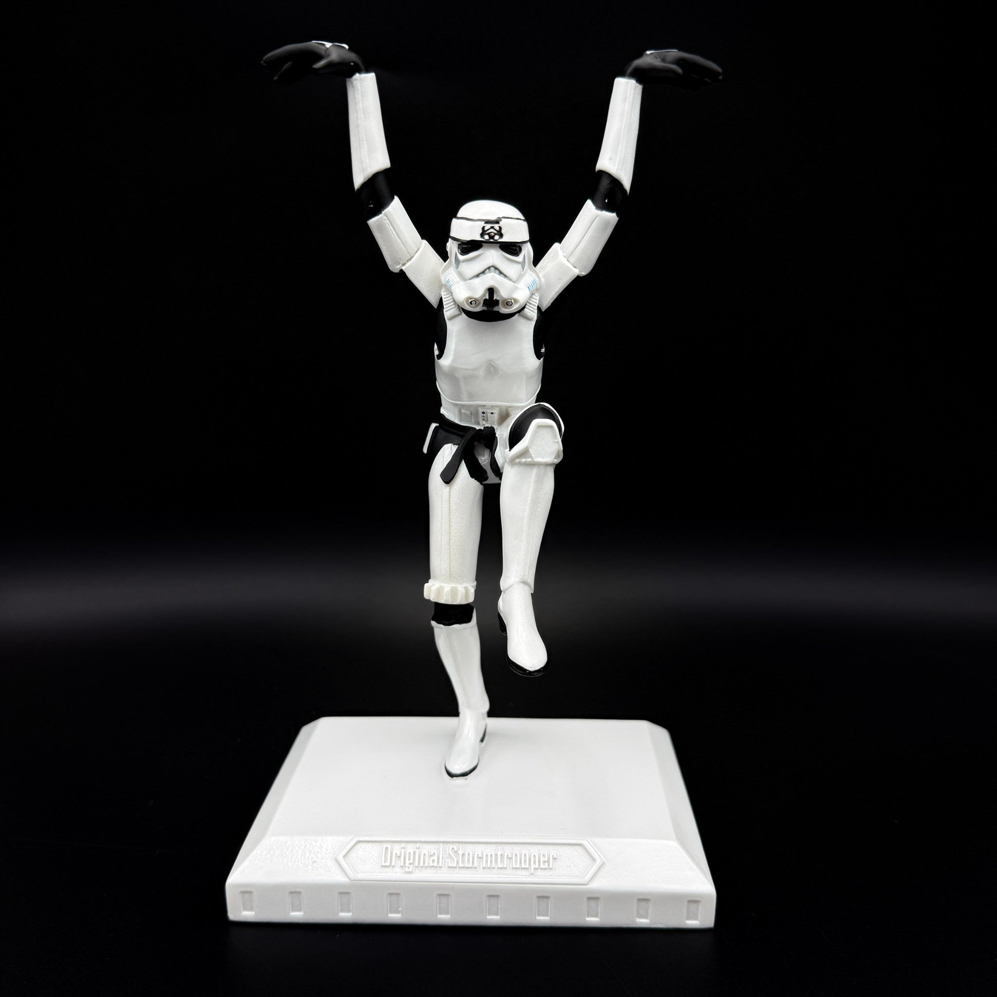 Officially licensed Stormtrooper Crane Kick figurine standing on one leg in a martial arts pose on a display base.