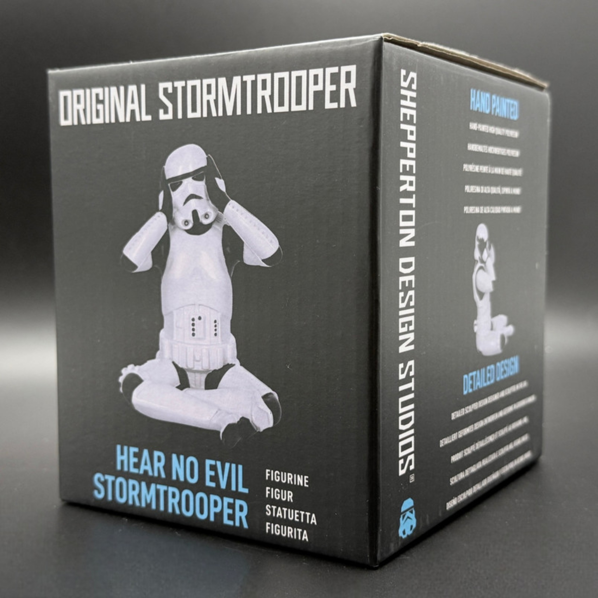 Official Stormtrooper hear no evil figurine packaging box showing branded design and product image