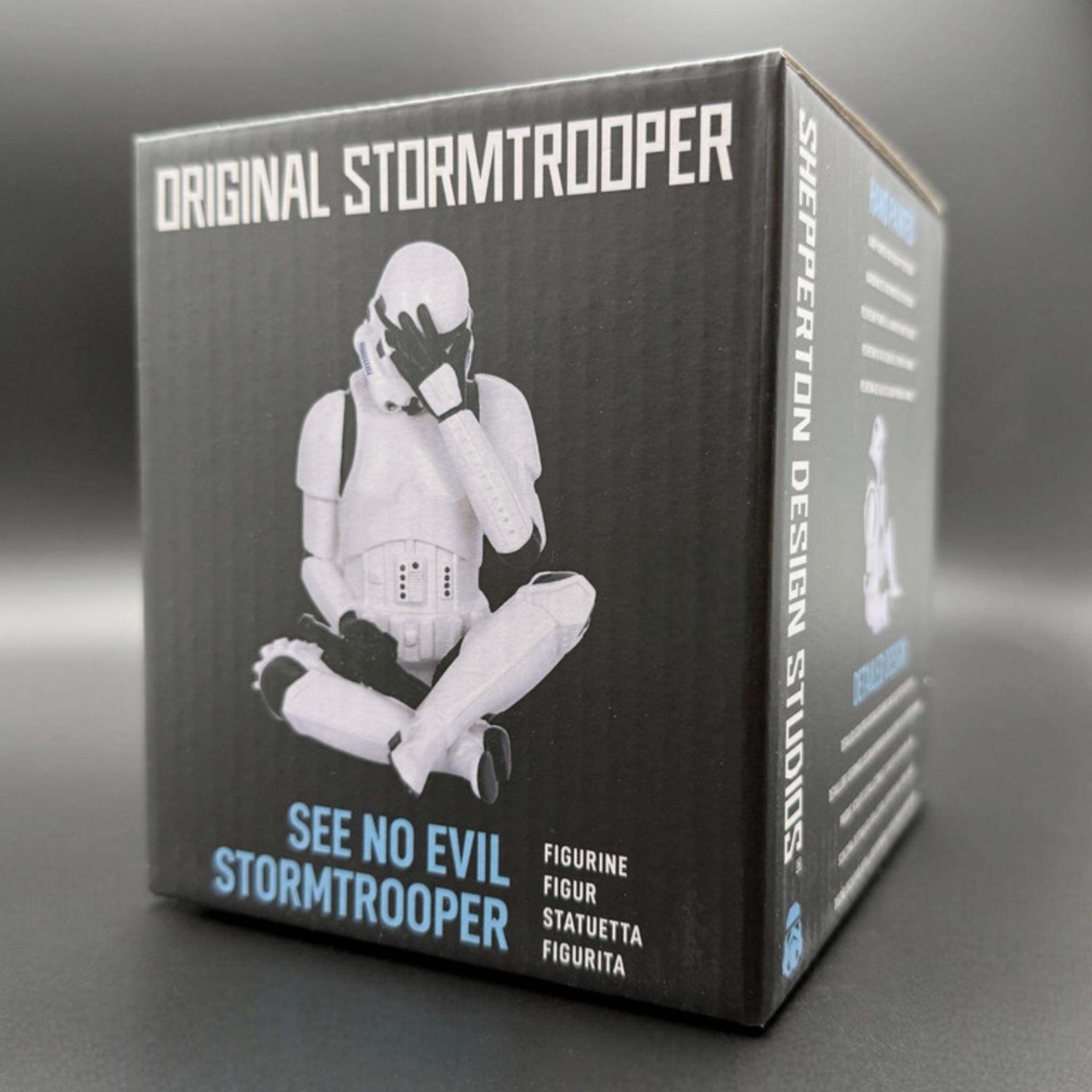 Official Stormtrooper see no evil figurine packaging box showing branded design and product image