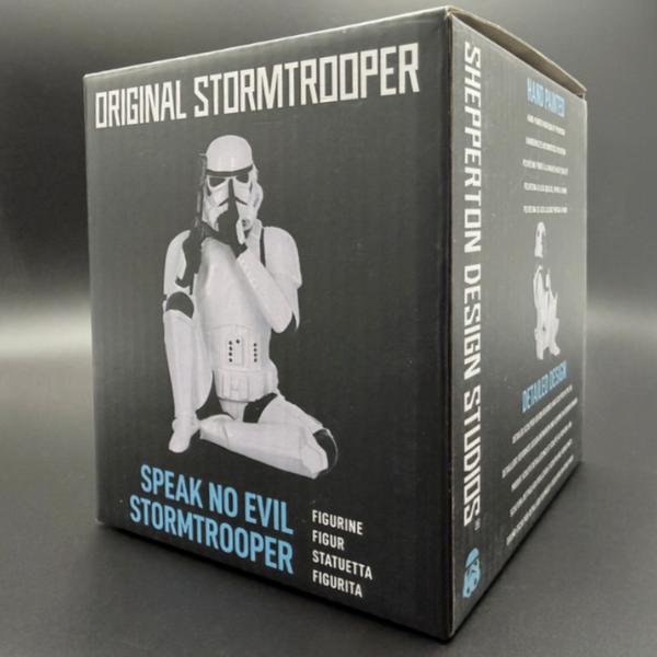 Official Stormtrooper speak no evil figurine packaging box showing branded design and product image