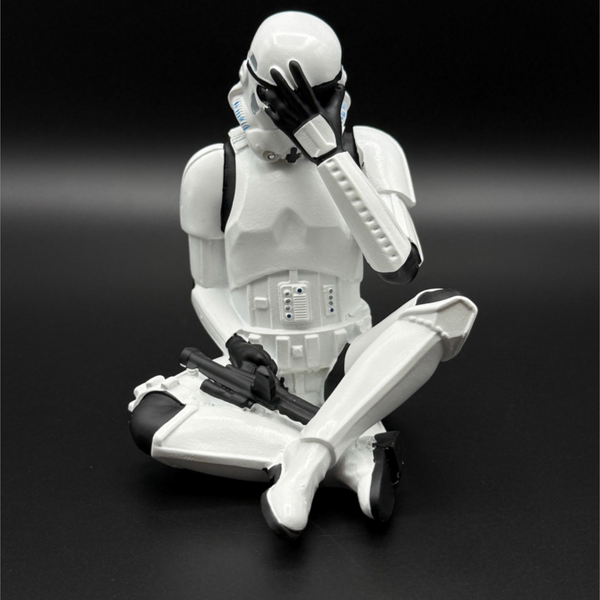 Stormtrooper see no evil sitting figure 10cm hands covering eyes black background collectible display figure