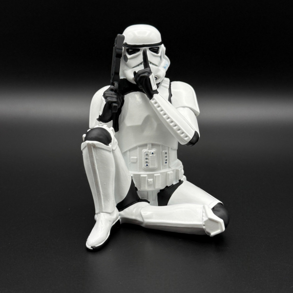 Stormtrooper speak no evil sitting figure 10cm hands covering ears black background collectible display figure