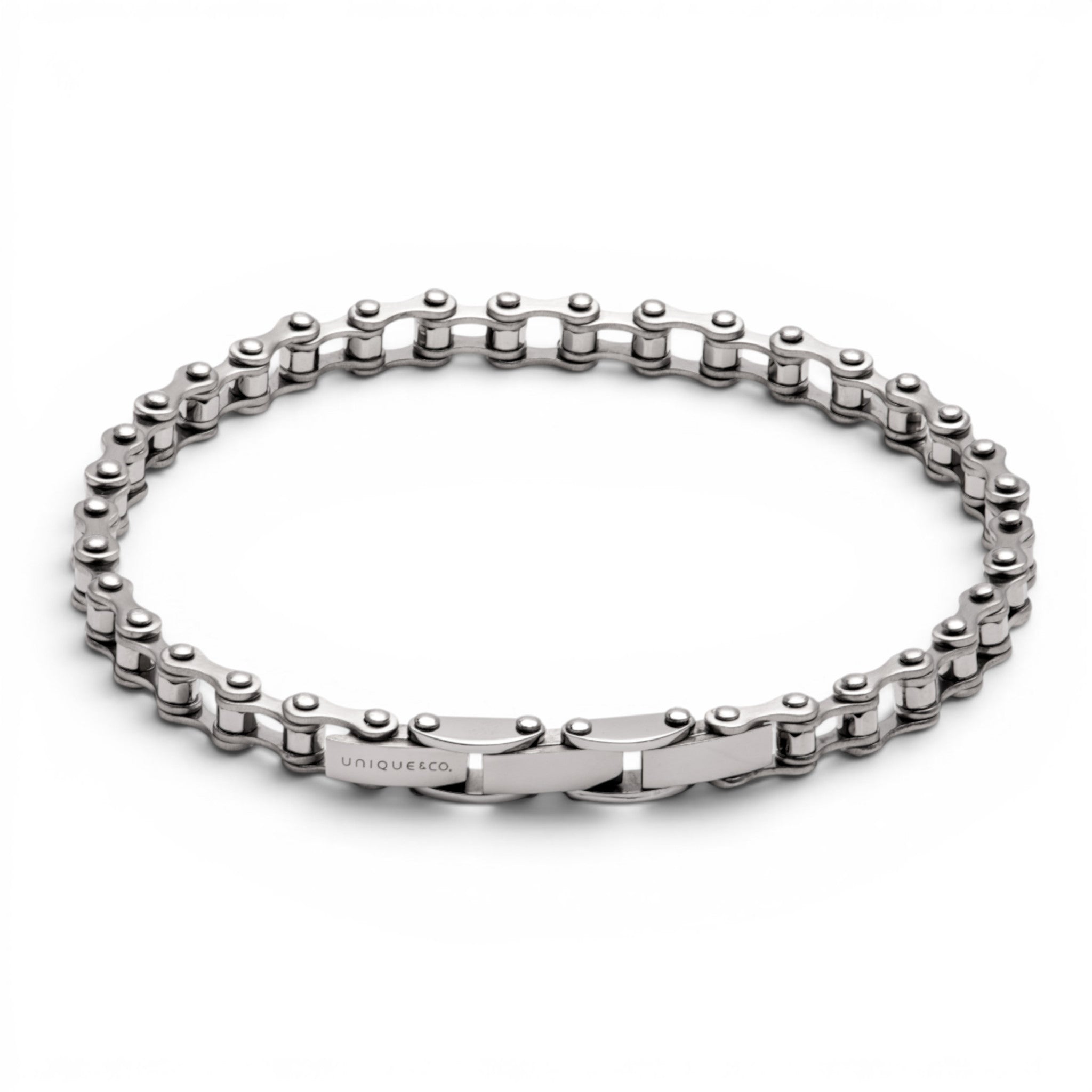 Stainless steel bike chain bracelet with contrasting satin and polished finishes