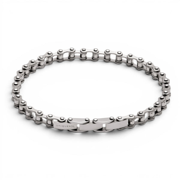 Stainless steel bike chain bracelet with contrasting satin and polished finishes