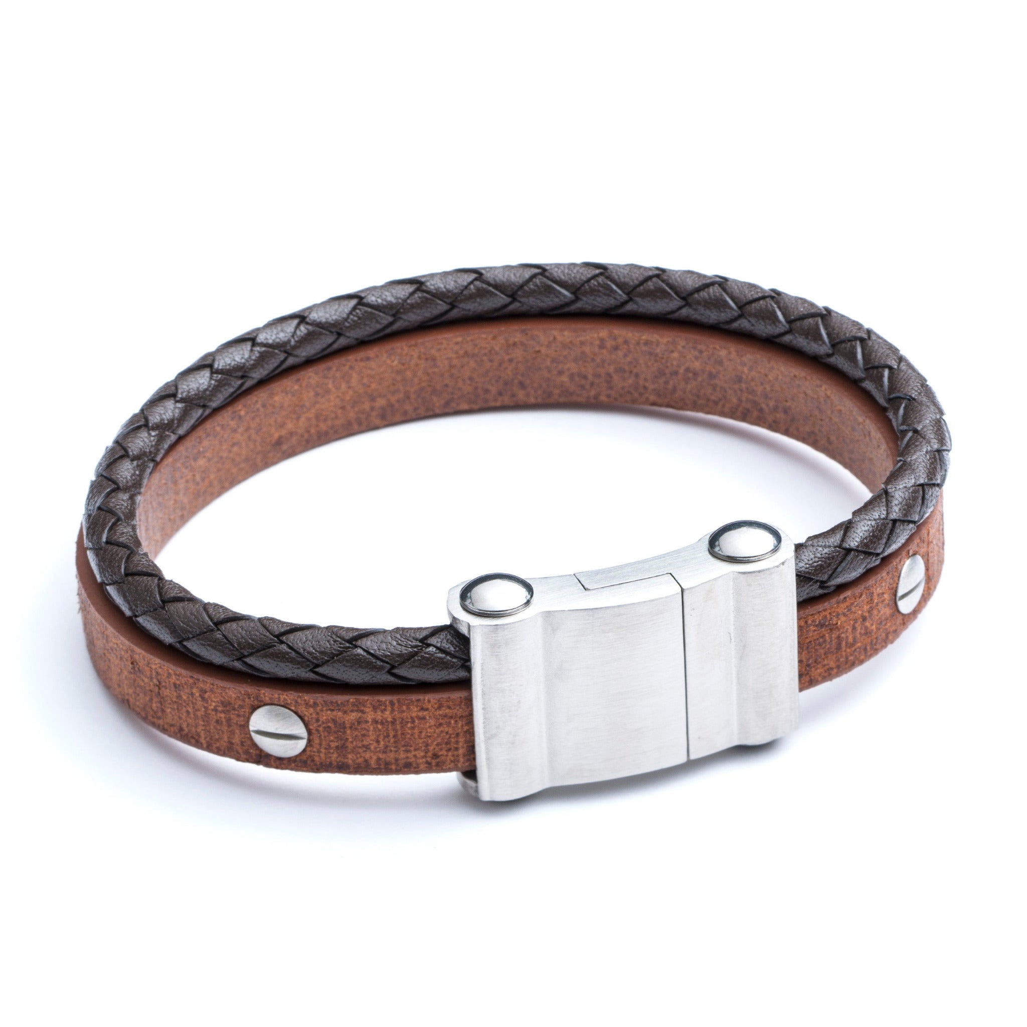 Tan 10mm two strand leather bracelet with braided leather and matte steel clasp