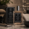 Taylor of Old Bond Street Jermyn Street aftershave with shaving brush razor and grooming accessories in bathroom setting