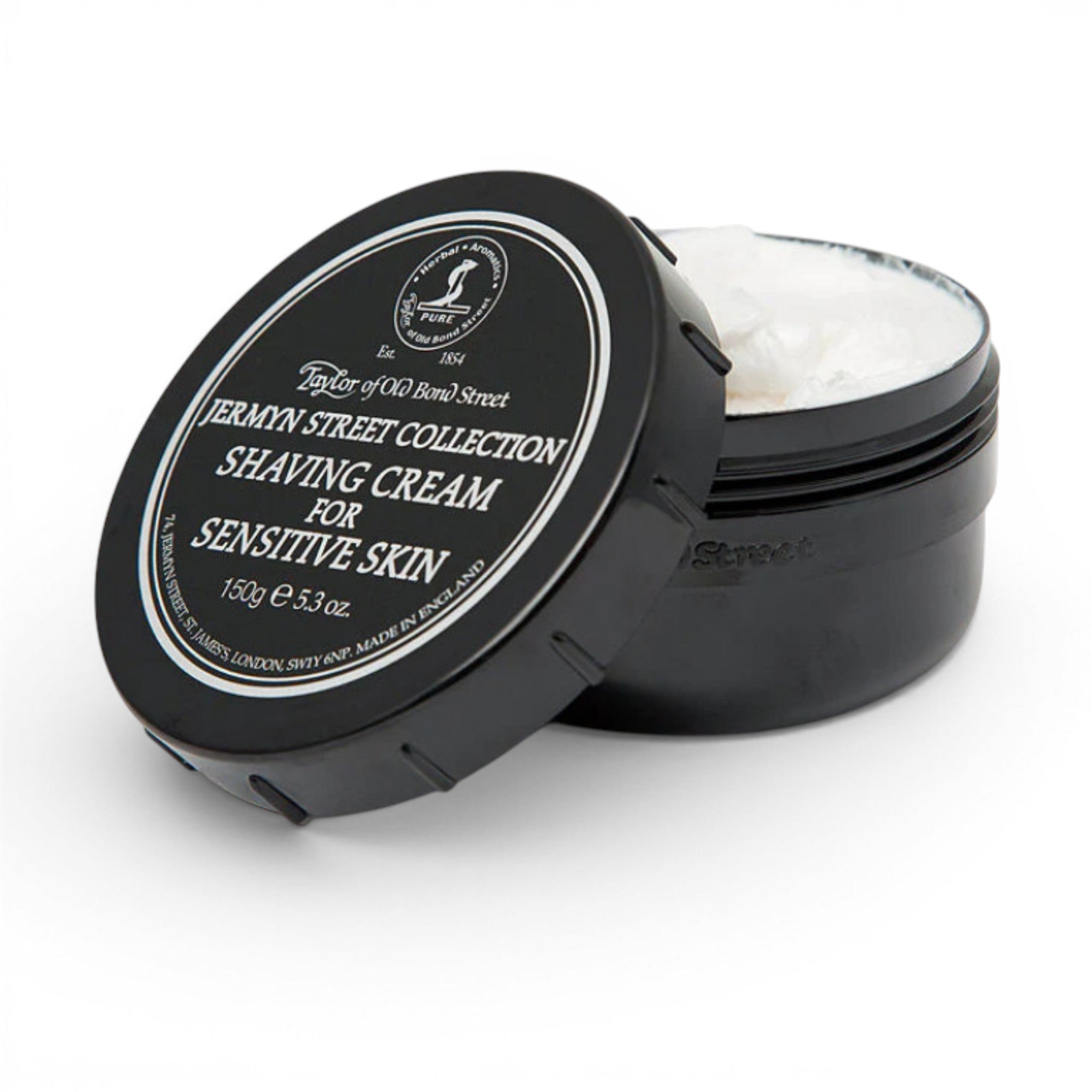 Opened Taylor of Old Bond Street Jermyn Street shaving cream bowl showing shaving cream inside