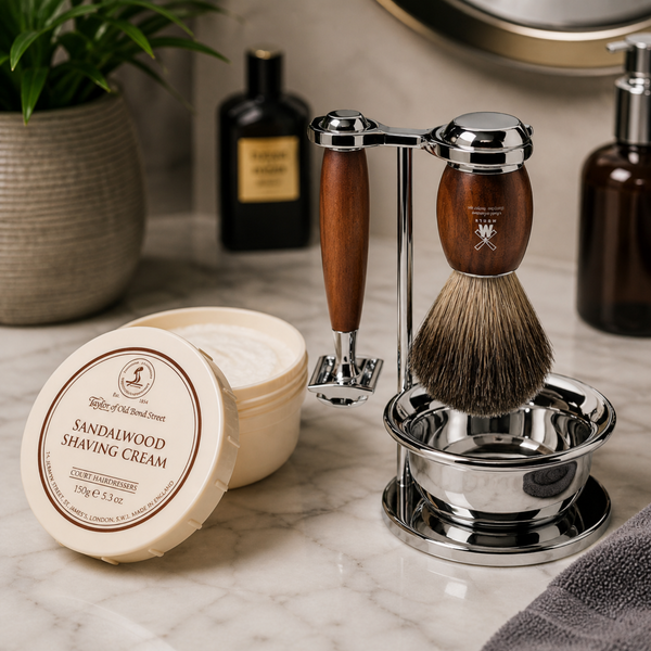 Taylor of Old Bond Street Sandalwood shaving cream with MÜHLE VIVO plum wood shaving set in luxury bathroom setting