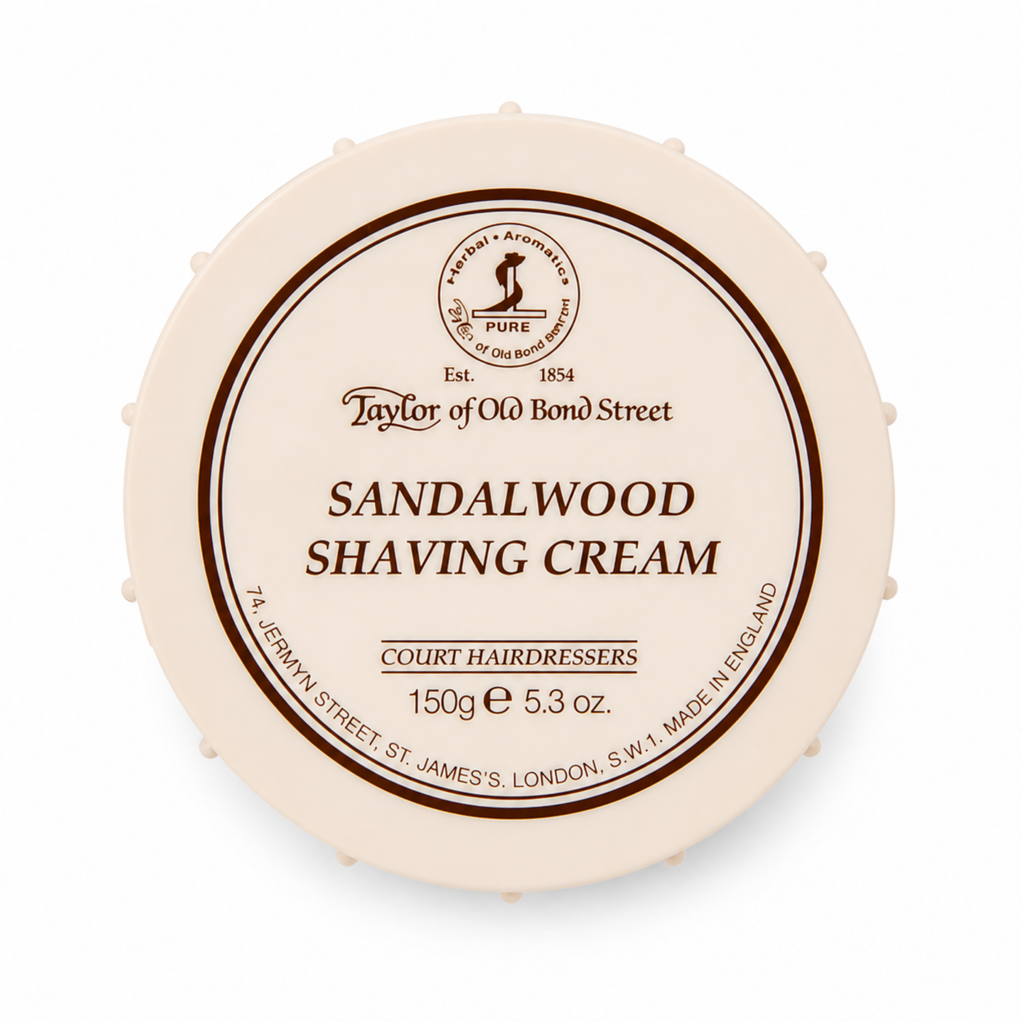 Top down view of Taylor of Old Bond Street Sandalwood shaving cream bowl 150g