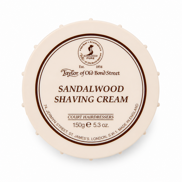 Top down view of Taylor of Old Bond Street Sandalwood shaving cream bowl 150g