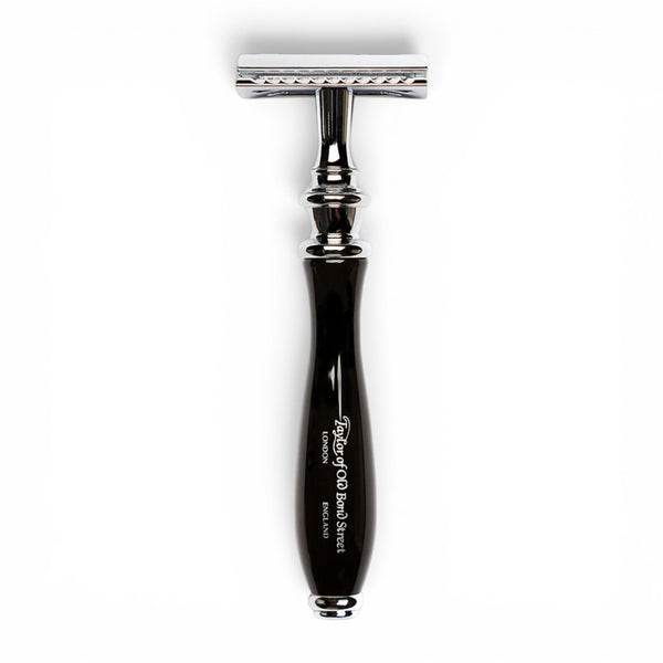Taylor of Old Bond Street Victorian black handle safety razor with chrome finish on white background