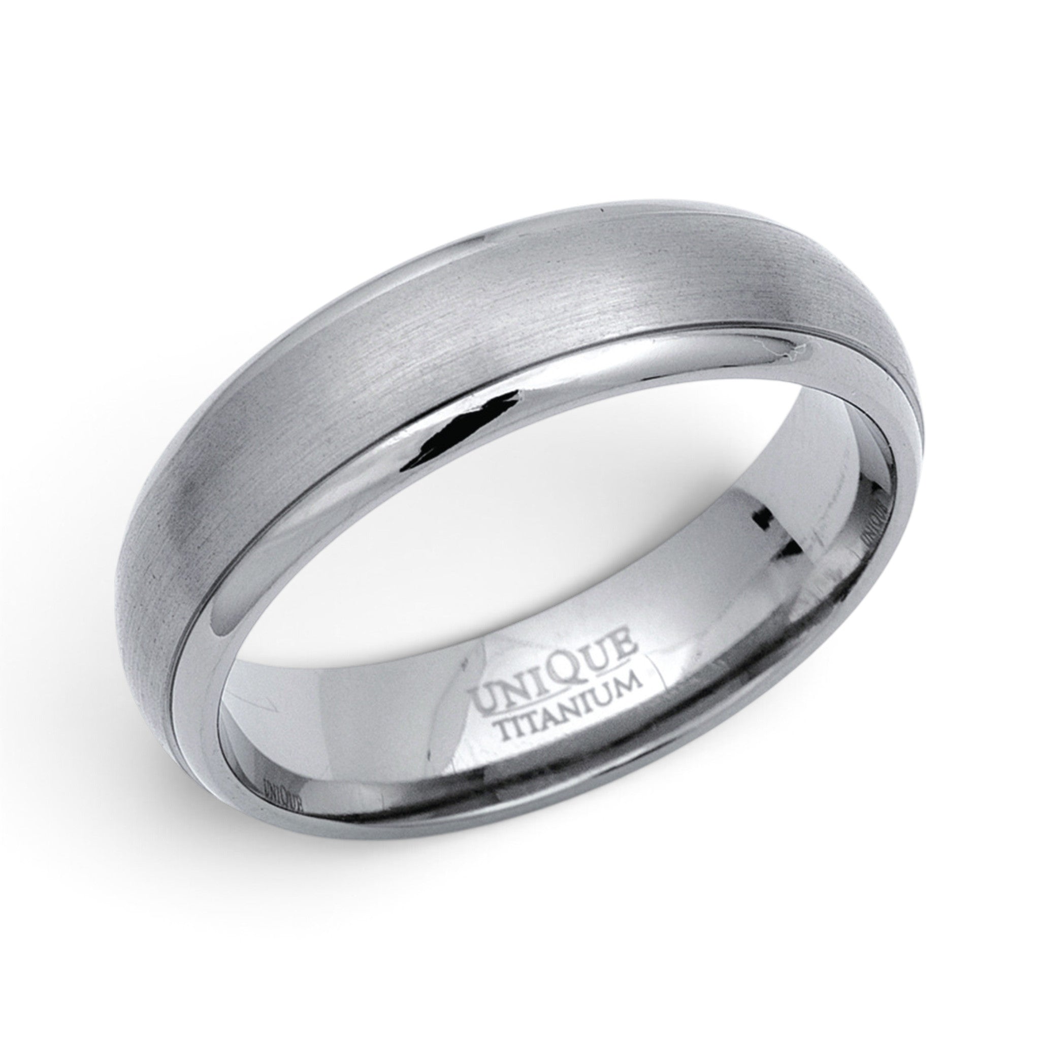 Men’s 6mm titanium D profile ring with brushed centre and polished edges