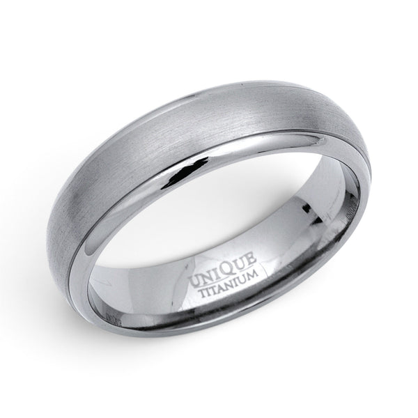 Men’s 6mm titanium D profile ring with brushed centre and polished edges