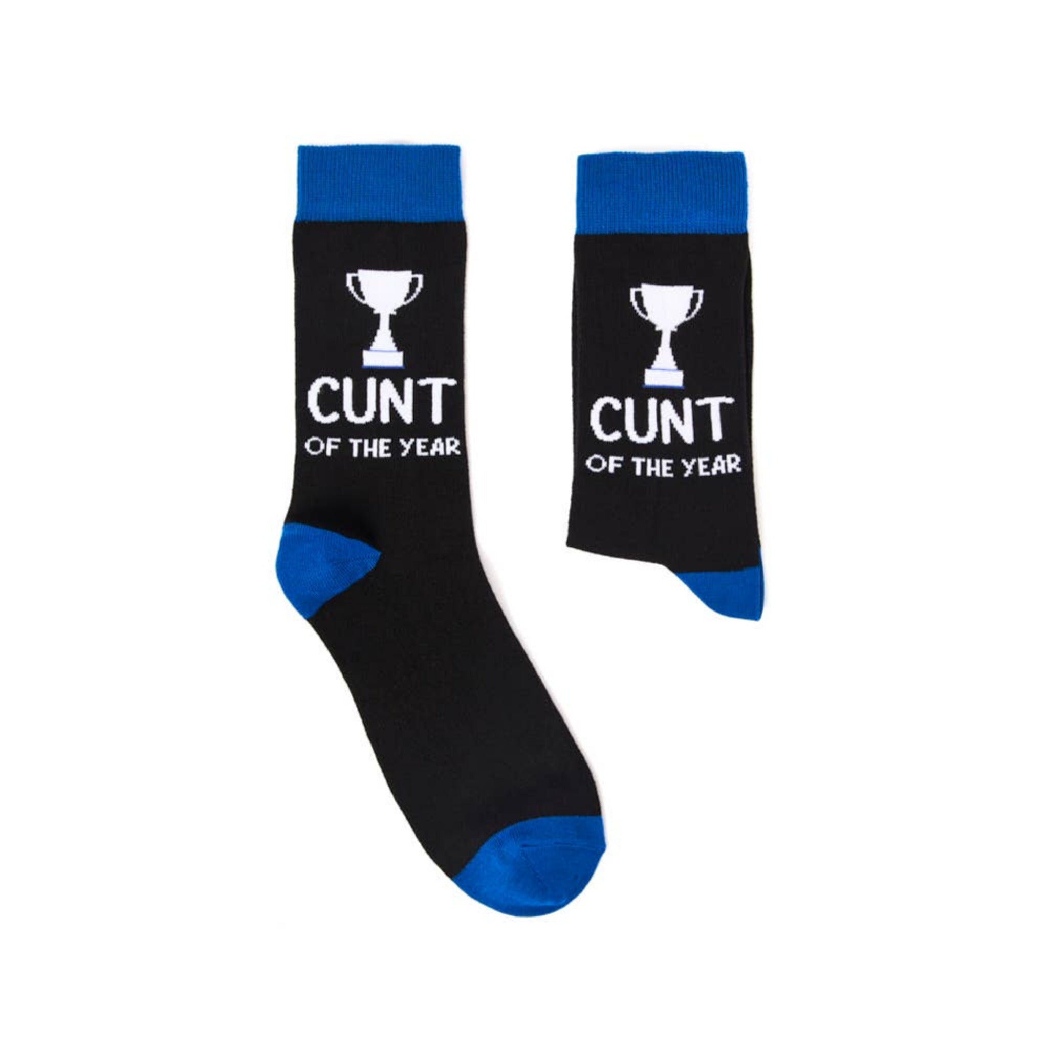 Pair of novelty socks showing trophy design and slogan