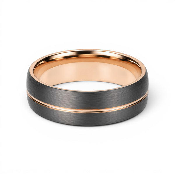 Tungsten carbide 7mm ring with brushed black finish and rose gold coloured detailing