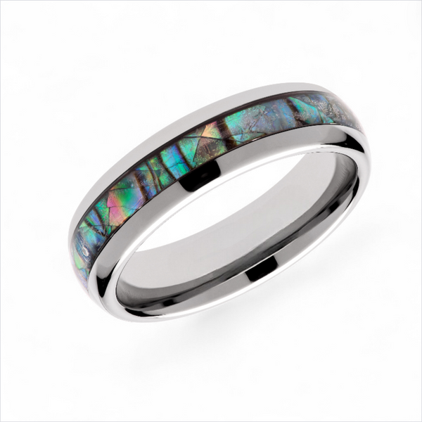 tungsten ring with abalone shell inlay showing blue green and purple tones on white background