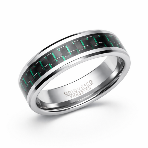 tungsten ring with black and green carbon fibre inlay polished finish on white background