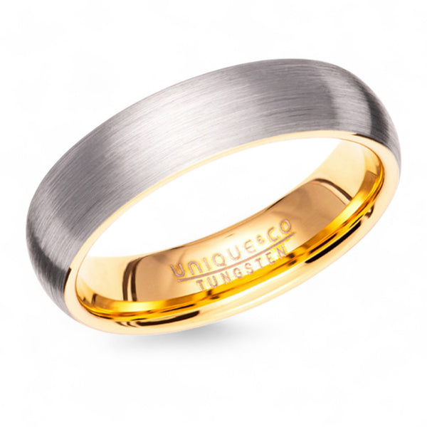tungsten ring with brushed matte finish and gold plated inner band on white background