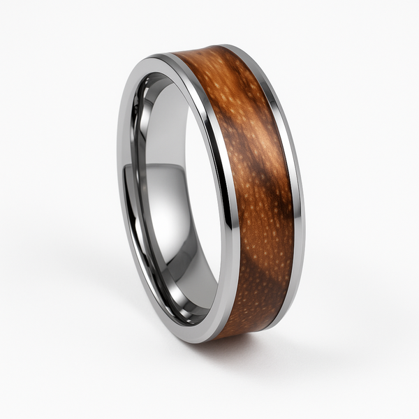tungsten ring with whiskey barrel wood inlay polished finish on white background
