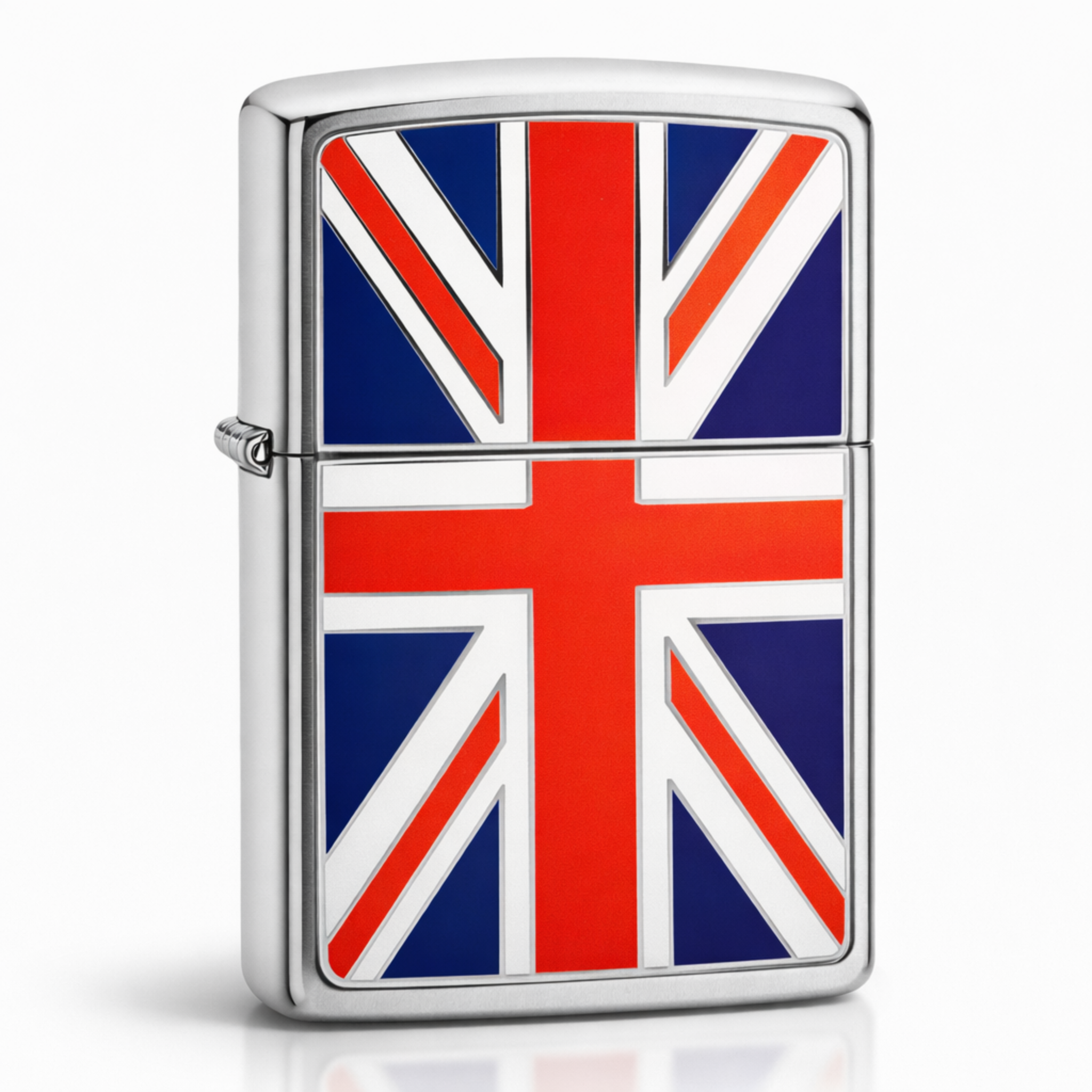 Union Jack Zippo windproof lighter with red white and blue emblem design on brushed metal body
